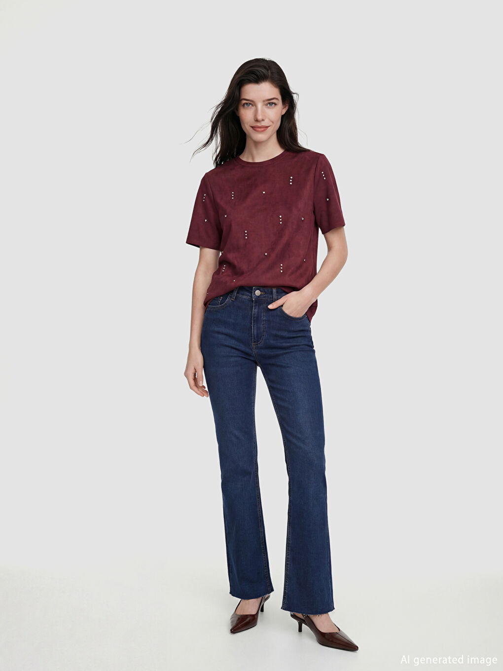 Mürdüm Bisiklet Yaka Taşlı Kadın Süet Görünümlü Tişört-1