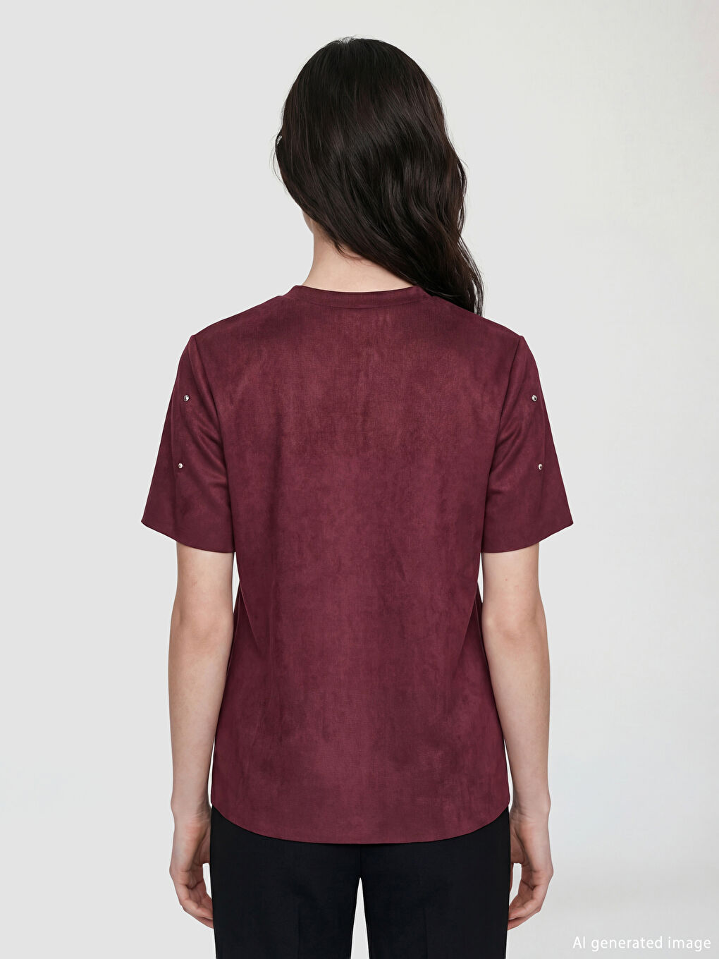 Mürdüm Bisiklet Yaka Taşlı Kadın Süet Görünümlü Tişört-3