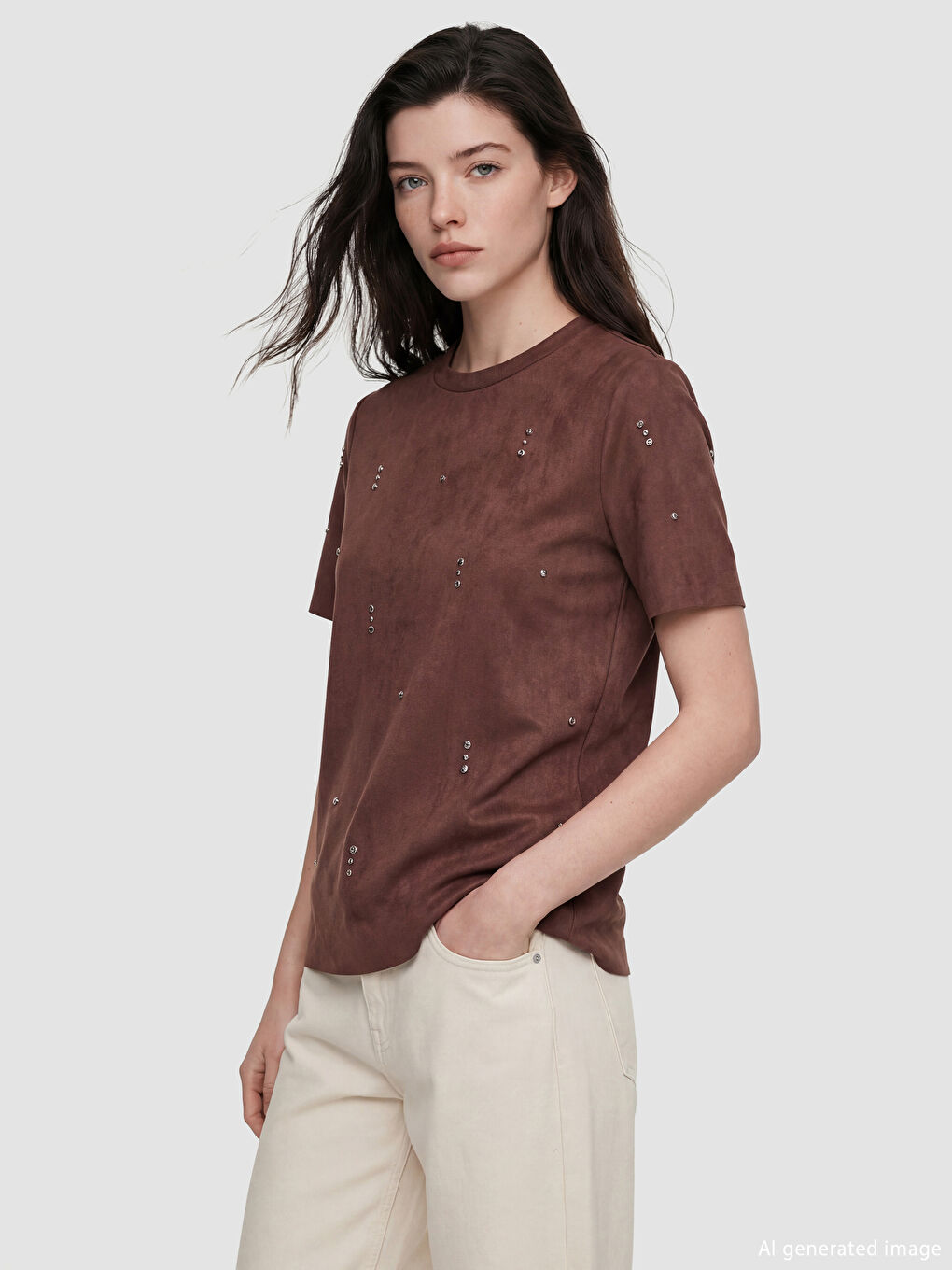 Kahverengi Bisiklet Yaka Taşlı Kadın Süet Görünümlü Tişört