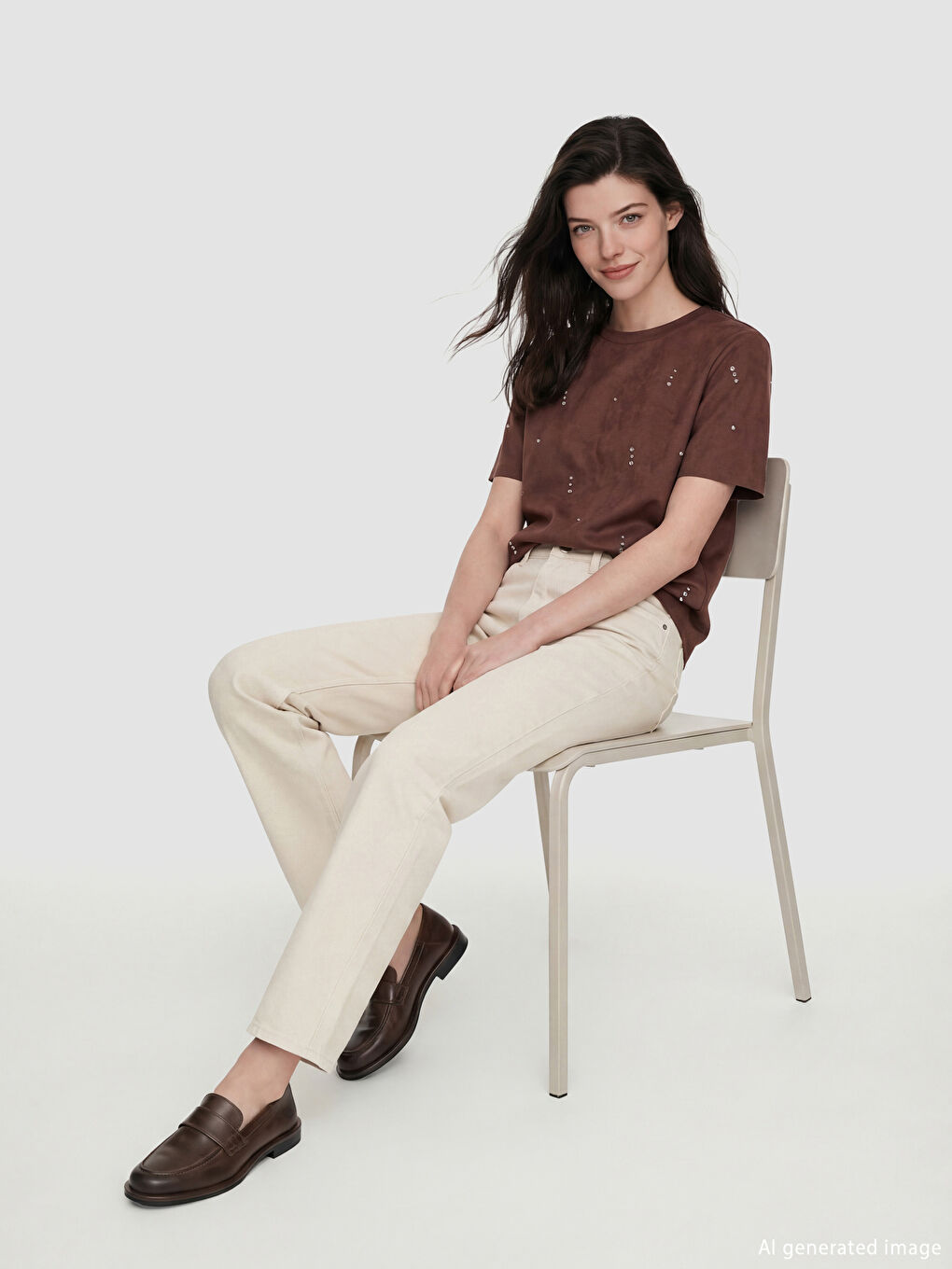 Kahverengi Bisiklet Yaka Taşlı Kadın Süet Görünümlü Tişört-1