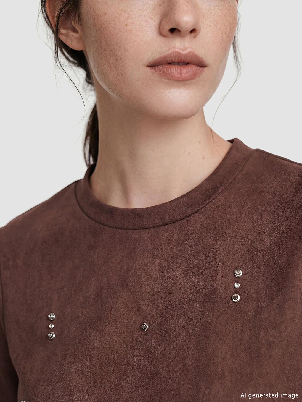 Kahverengi Bisiklet Yaka Taşlı Kadın Süet Görünümlü Tişört-2