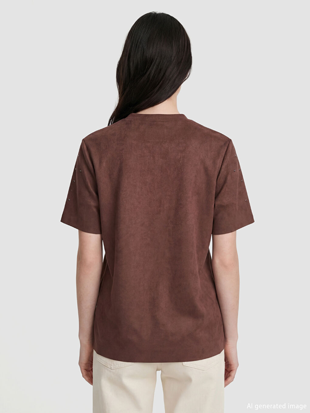 Kahverengi Bisiklet Yaka Taşlı Kadın Süet Görünümlü Tişört-3