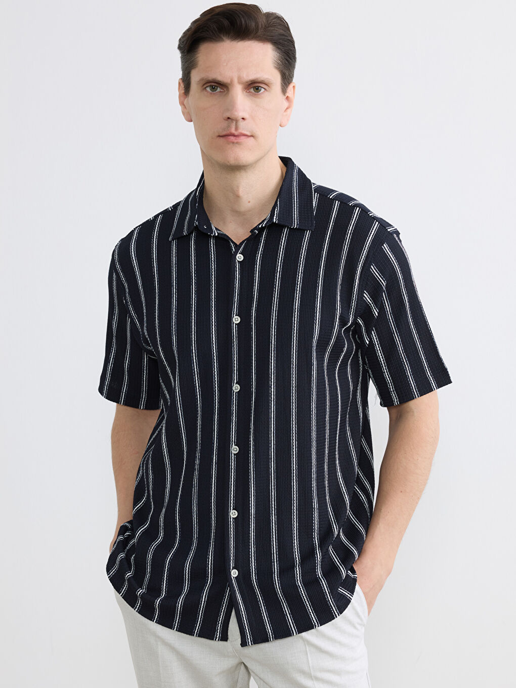 Lacivert Regular Fit Çizgili Erkek Gömlek
