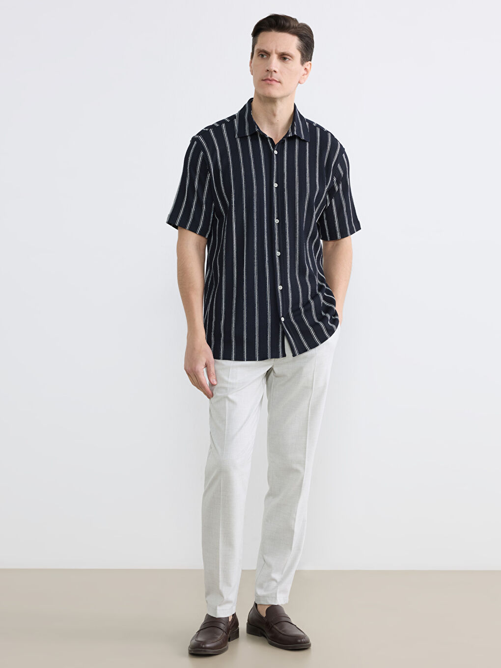 Lacivert Regular Fit Çizgili Erkek Gömlek-1