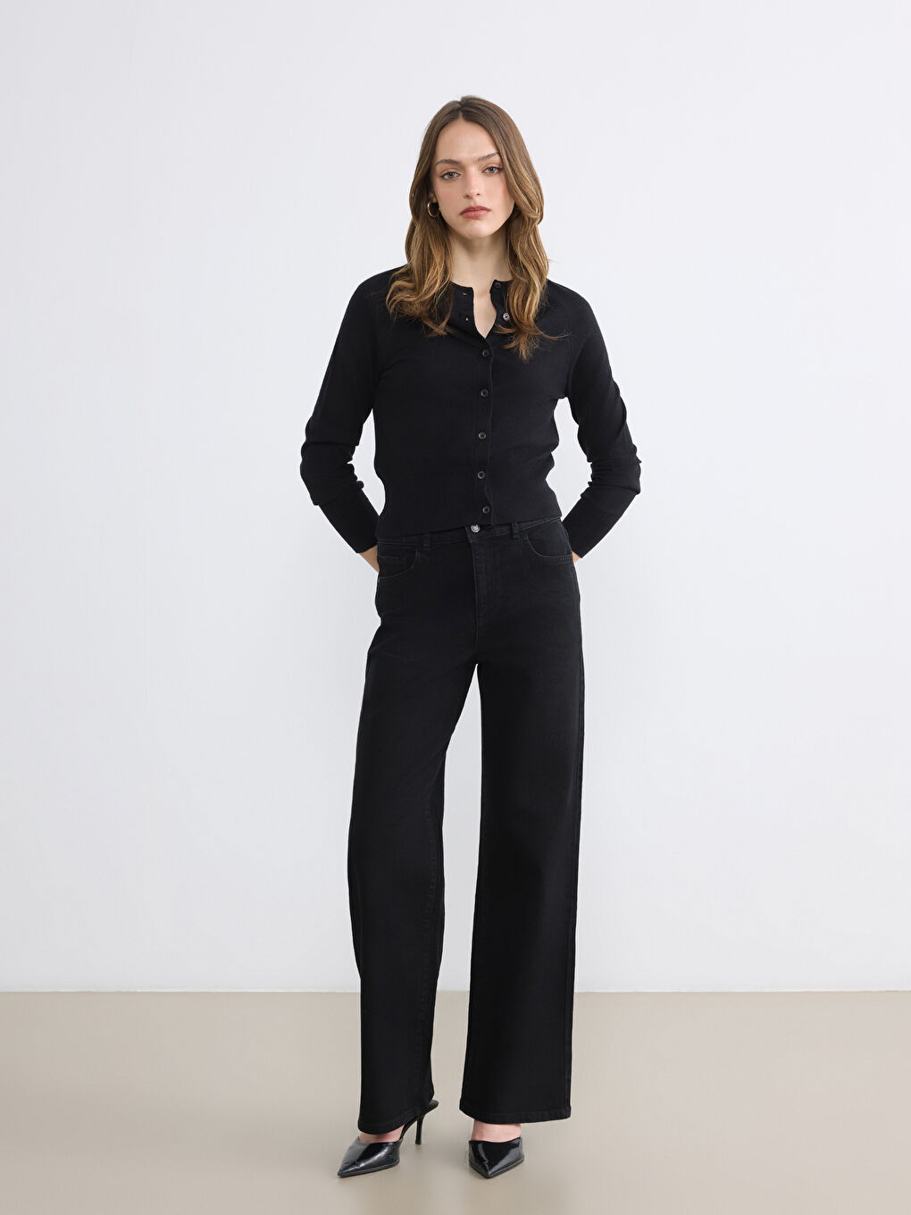 Siyah Yüksek Bel Wideleg Kadın Jean Pantolon