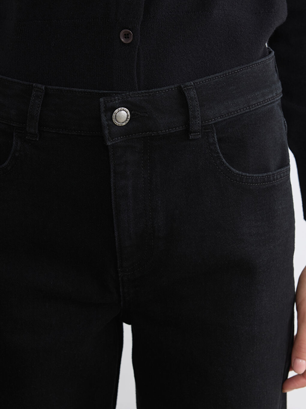 Siyah Yüksek Bel Wideleg Kadın Jean Pantolon-2