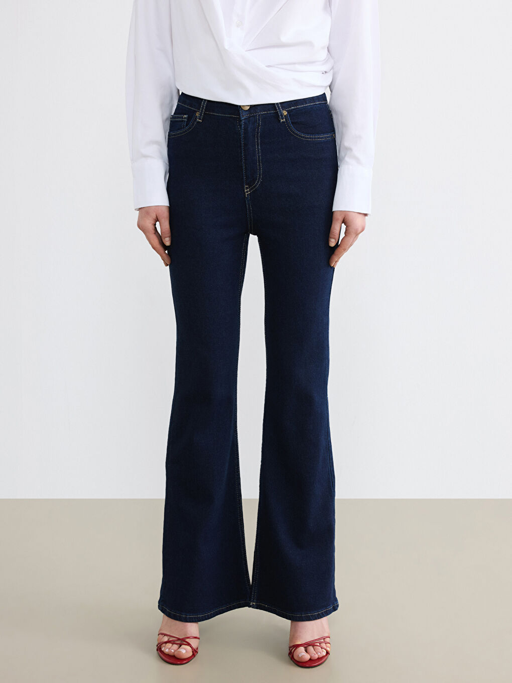 Lacivert Yüksek Bel Flare Kadın Jean Pantolon-1