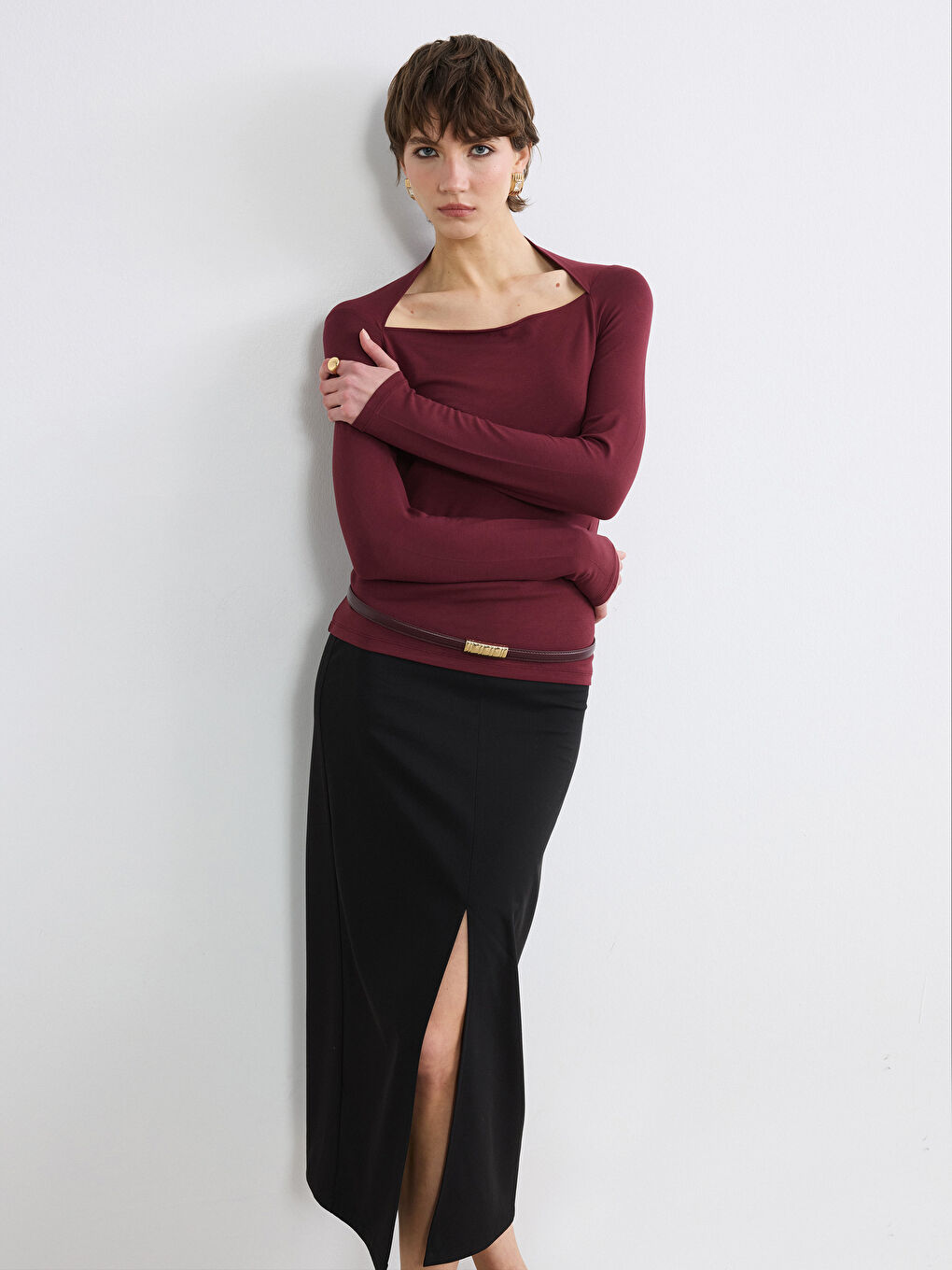 Bordo Kare Yaka Kadın Body