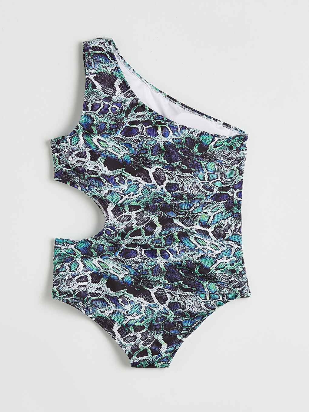 Mavi Tek Omuz Desenli Pencere Detaylı Kadın Mayo-1