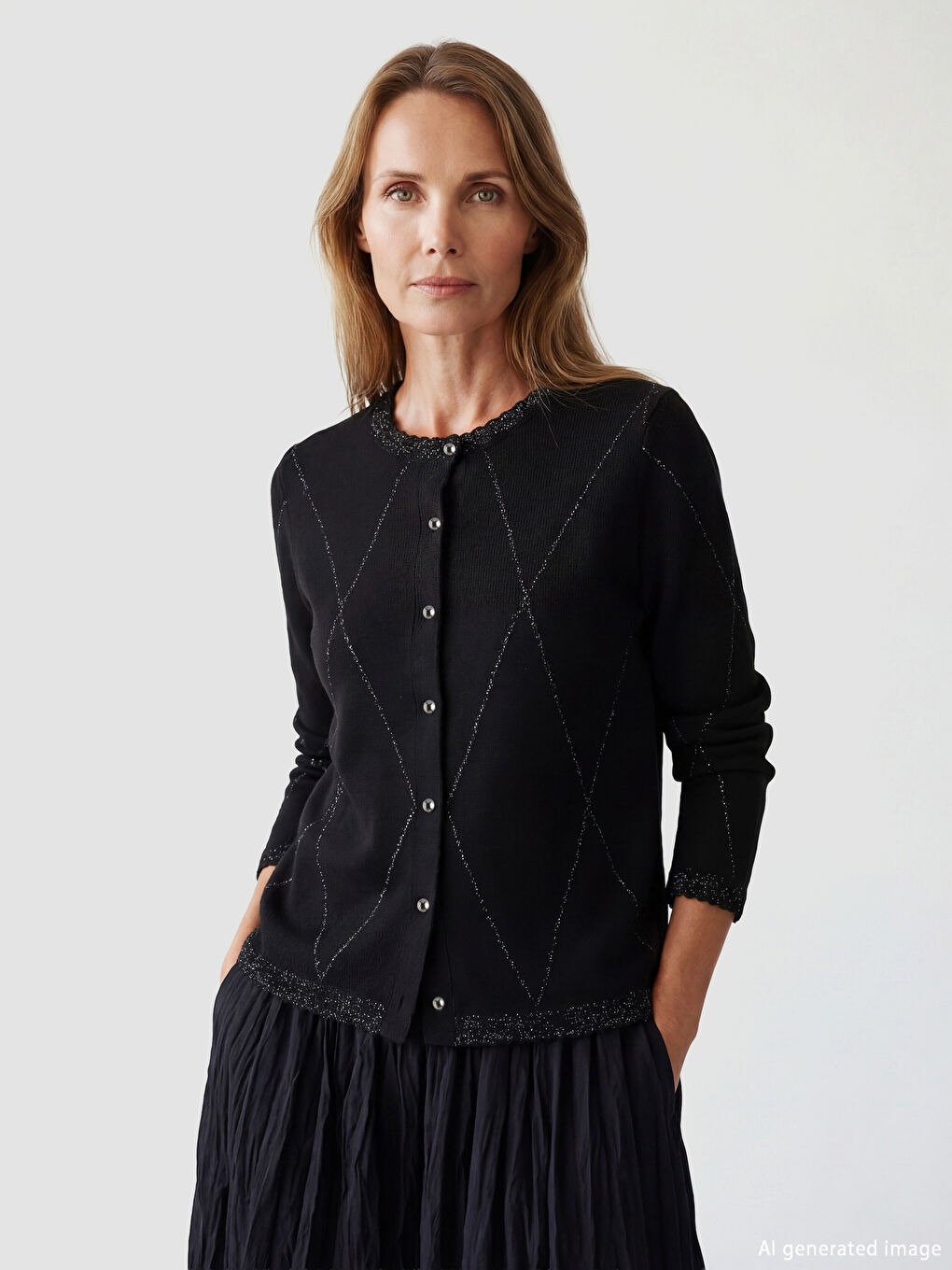 Crew Neck Argyle Pattern Women's Tricot Cardigan