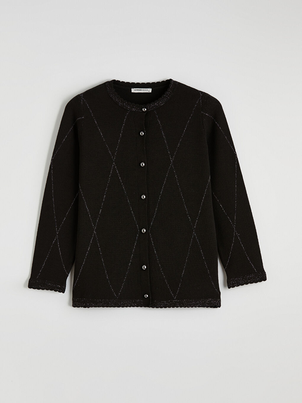 Crew Neck Argyle Pattern Women's Tricot Cardigan-3