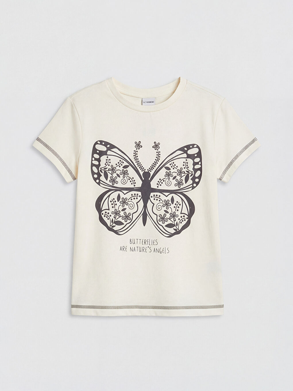Ekru Bisiklet Yaka Kelebek Baskılı Kız Çocuk Tişört