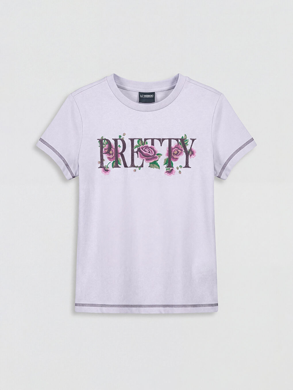 Lila Bisiklet Yaka Baskılı Kız Çocuk Tişört