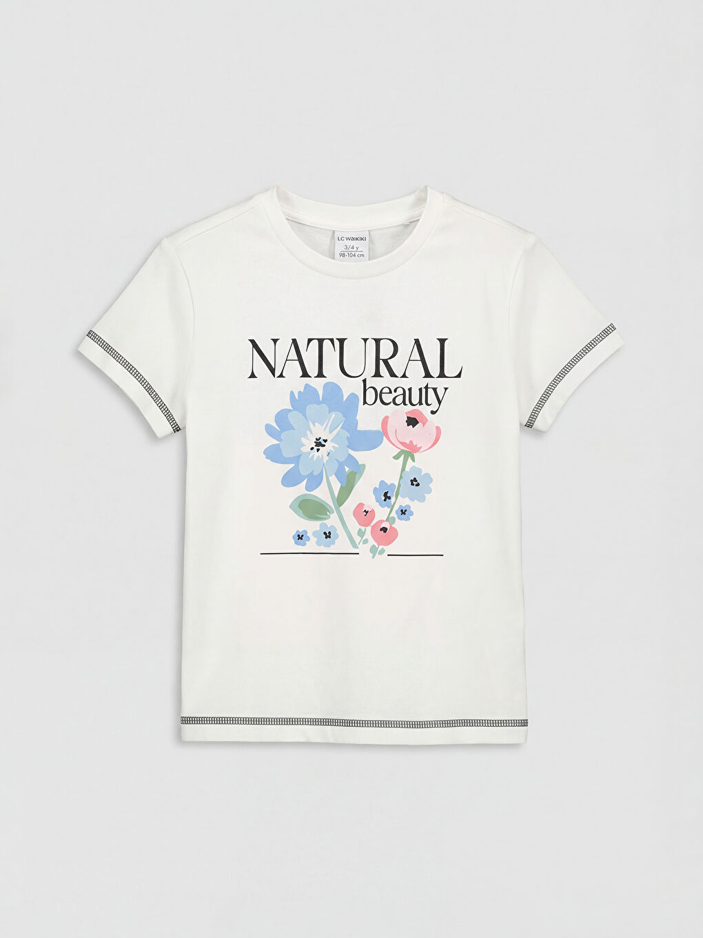 Beyaz Bisiklet Yaka Çiçek Baskılı Kız Çocuk Tişört