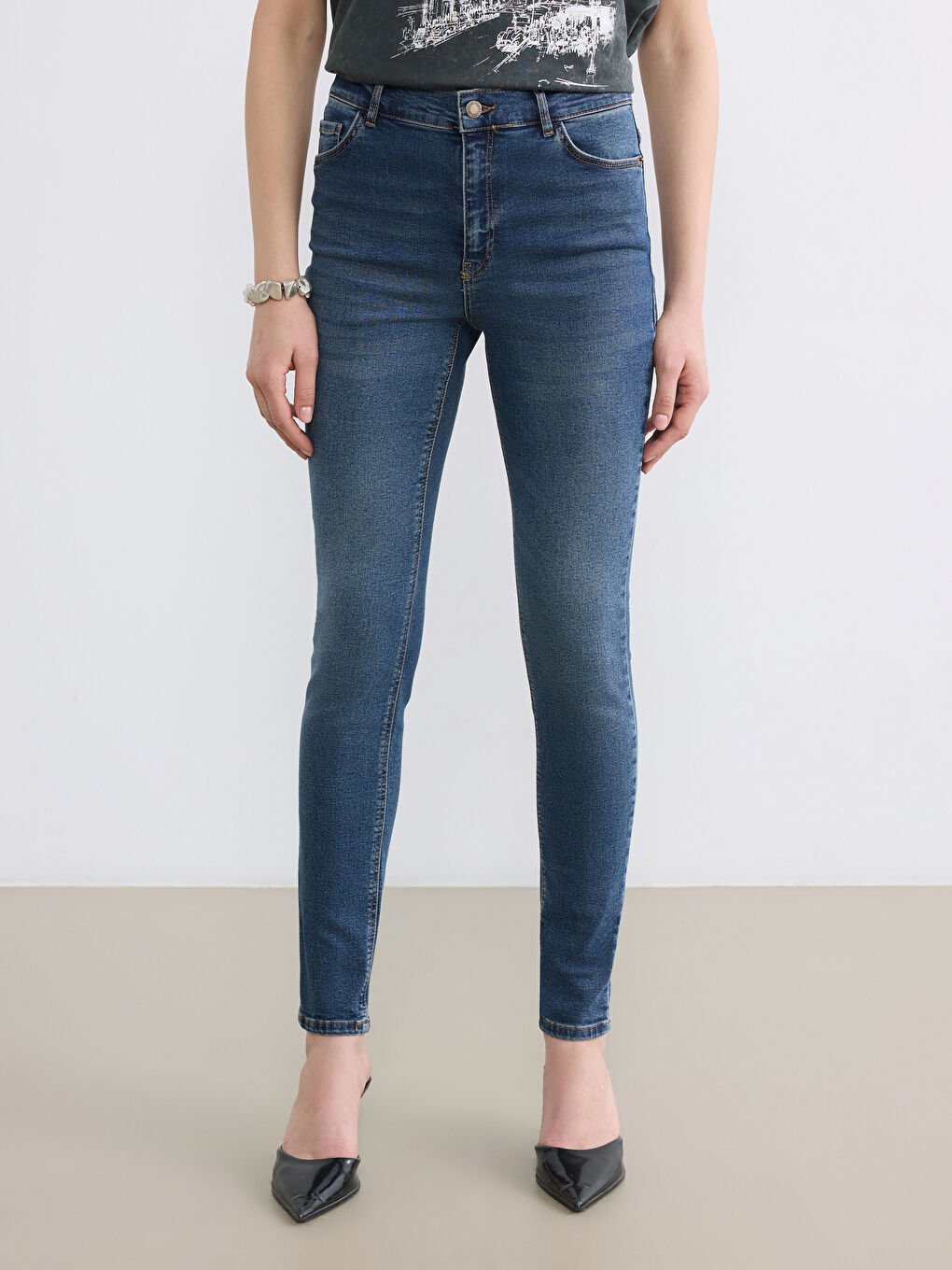 İndigo Yüksek Bel Süper Skinny Fit Kadın Jean Pantolon-1