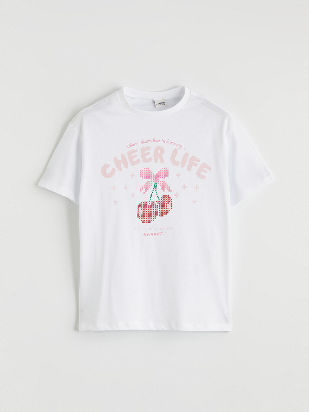 Beyaz Bisiklet Yaka Kısa Kollu Baskılı Kız Çocuk Tişört