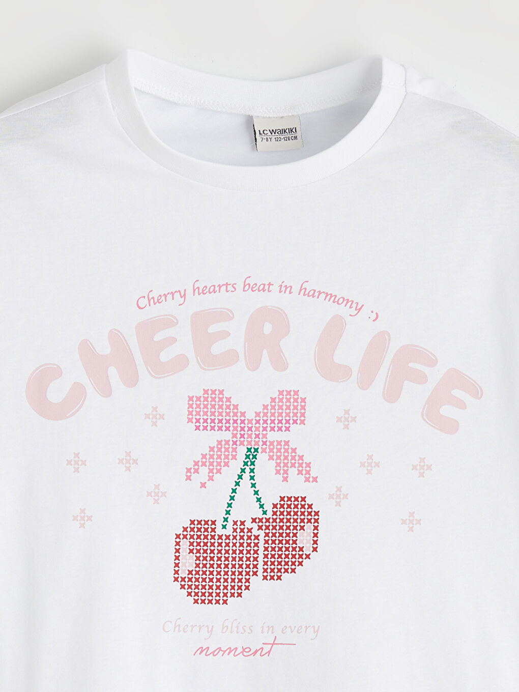 Beyaz Bisiklet Yaka Kısa Kollu Baskılı Kız Çocuk Tişört-1