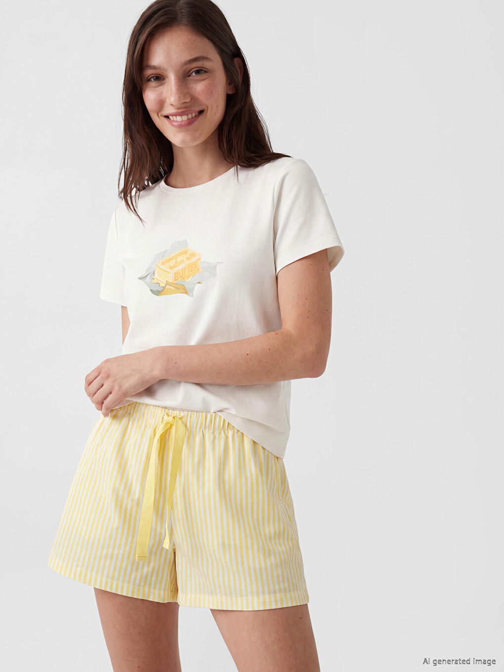 Sarı Bisiklet Yaka Kadın Şortlu Pijama Takımı-1