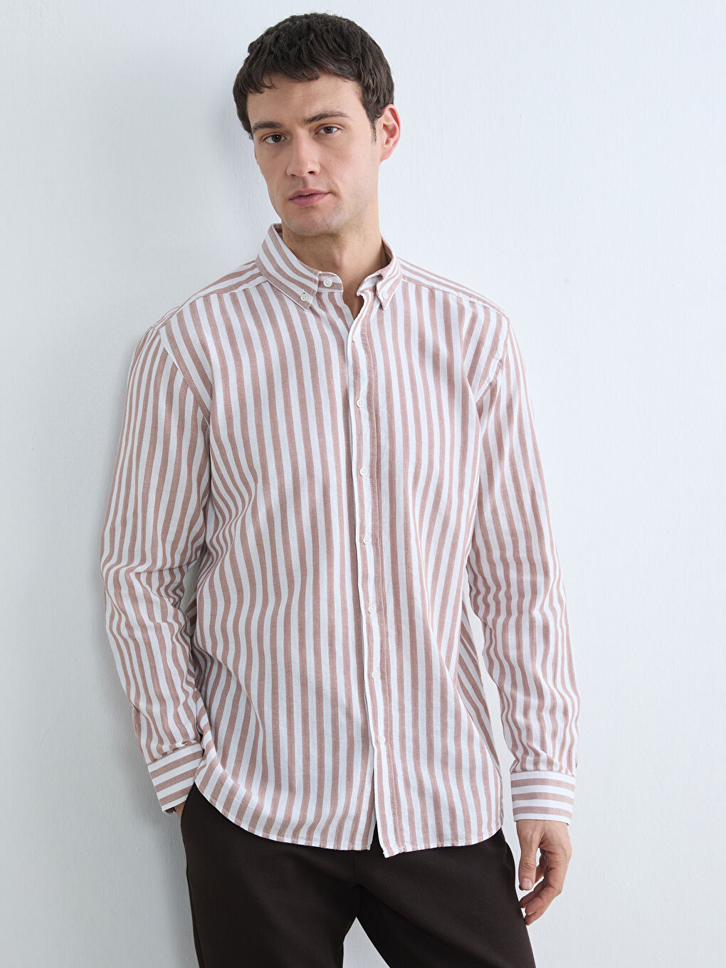 Kahverengi Regular Fit Çizgili Erkek Gömlek