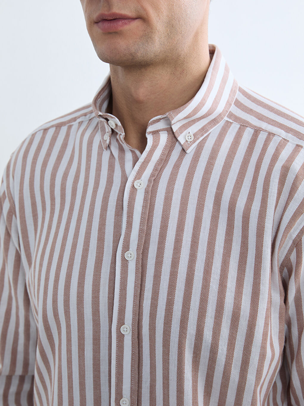 Kahverengi Regular Fit Çizgili Erkek Gömlek-2