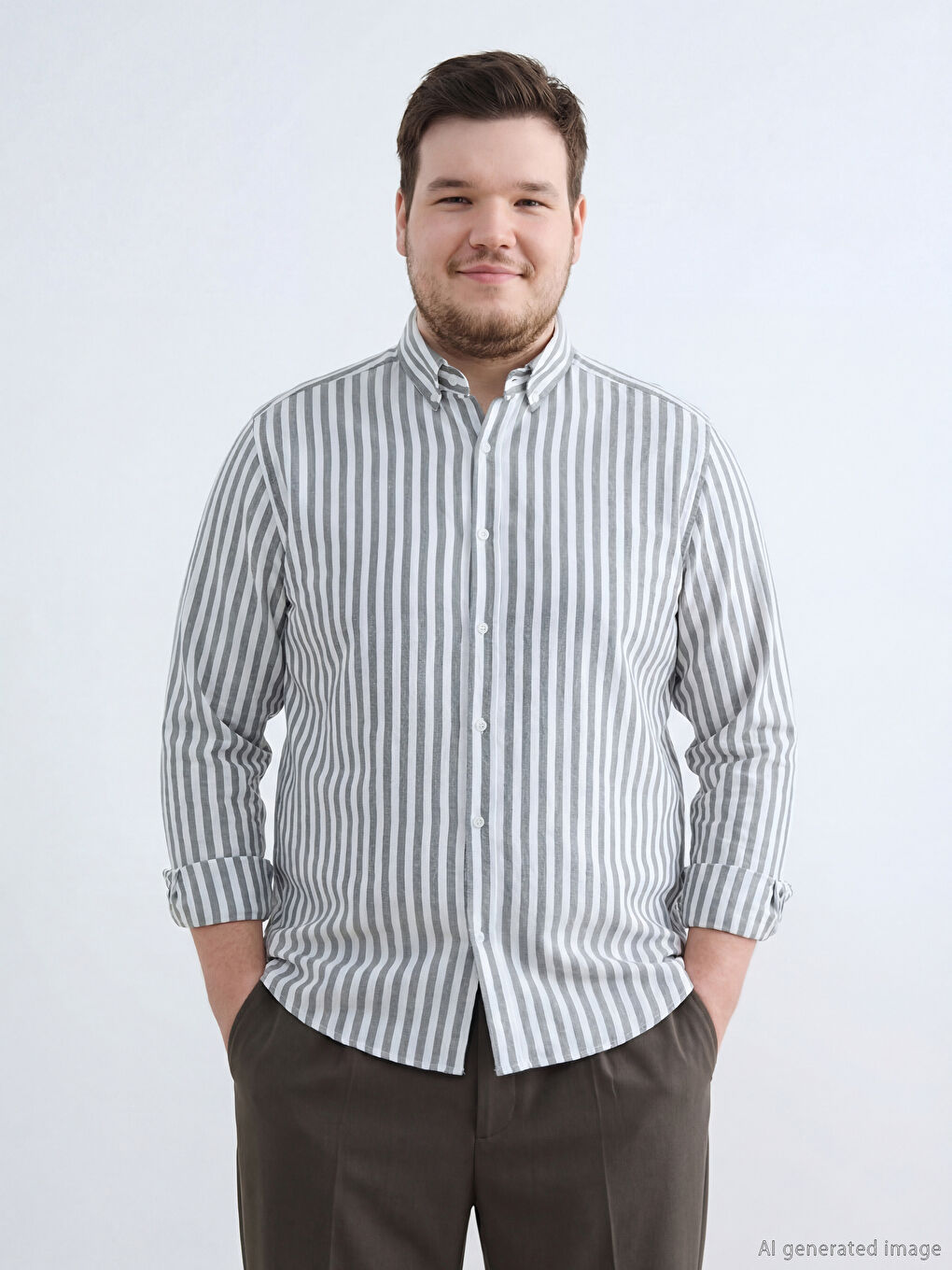 Haki Regular Fit Çizgili Erkek Gömlek-1