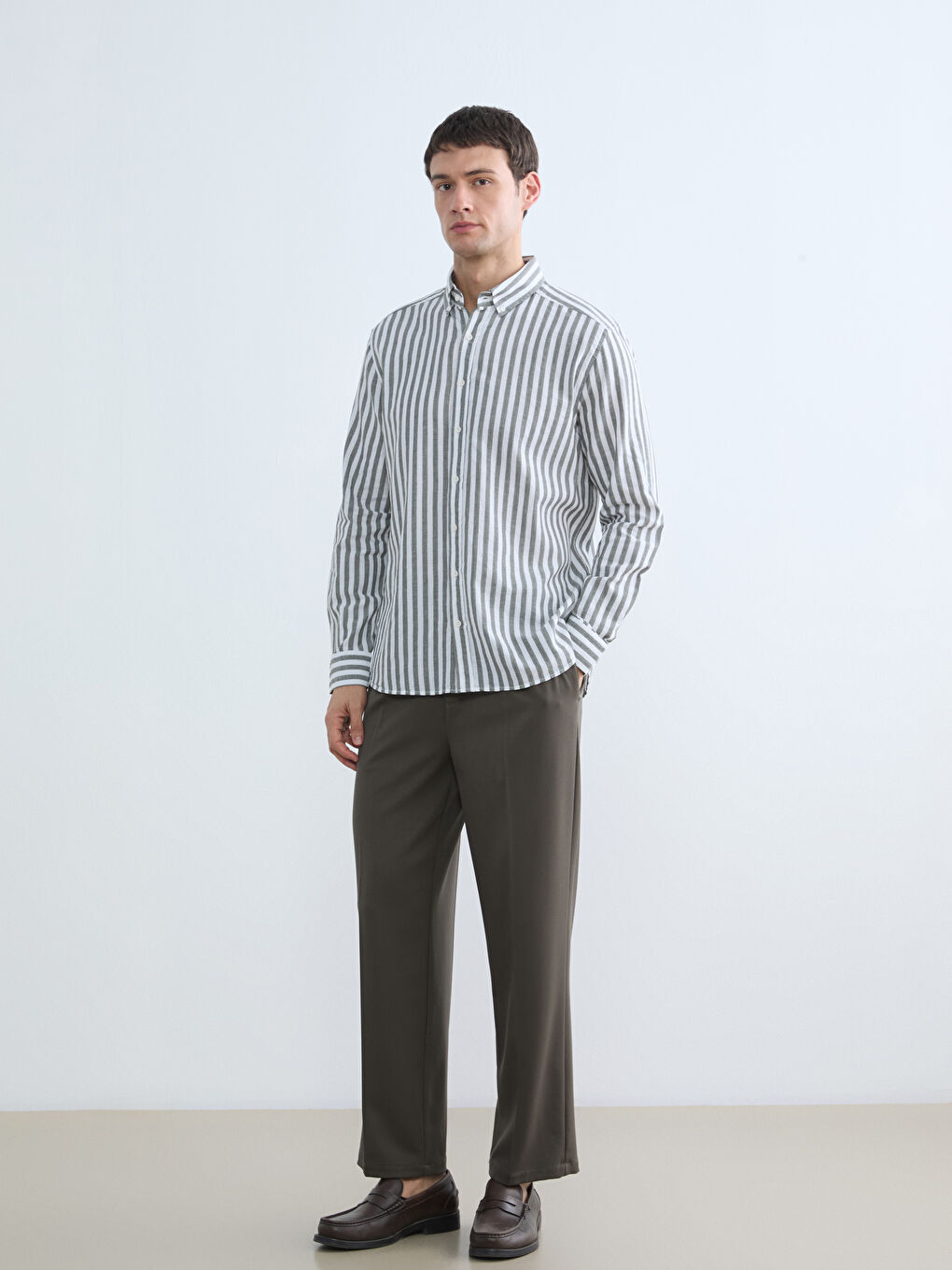 Haki Regular Fit Çizgili Erkek Gömlek-2