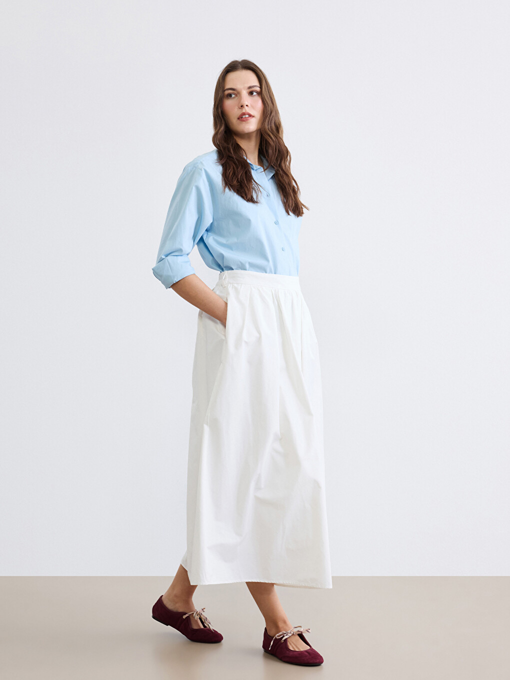 Poplin Fabric Elastic Waist Flared Skirt