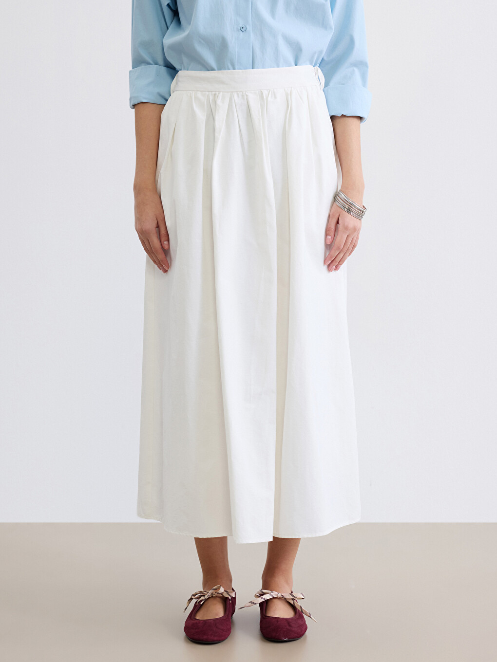Poplin Fabric Elastic Waist Flared Skirt-1
