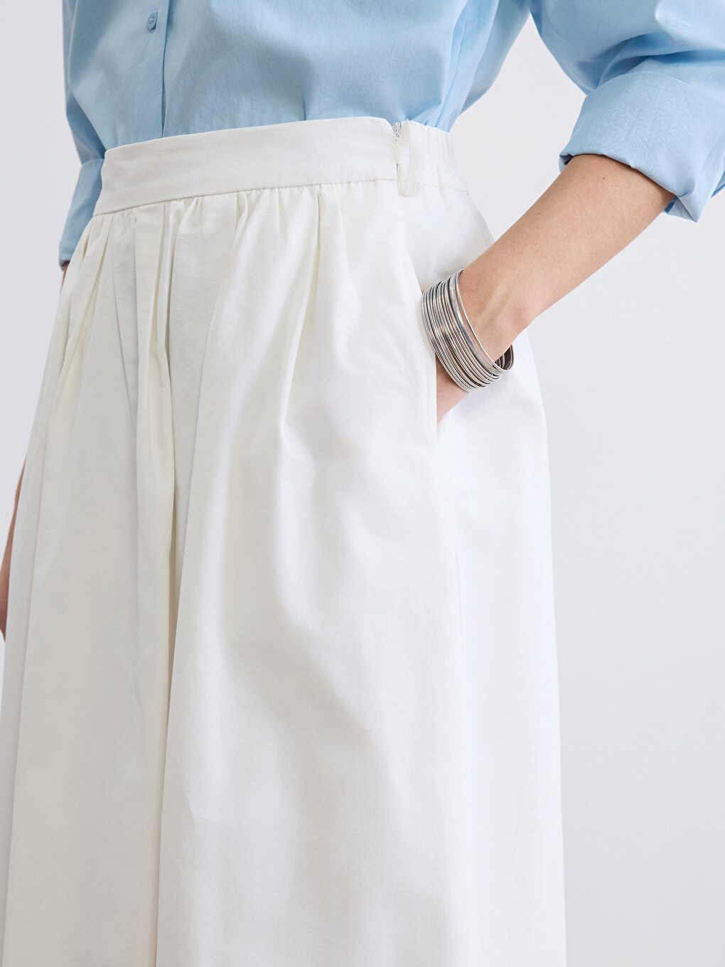 Poplin Fabric Elastic Waist Flared Skirt-2