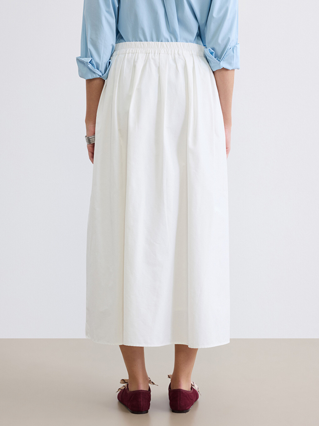 Poplin Fabric Elastic Waist Flared Skirt-3