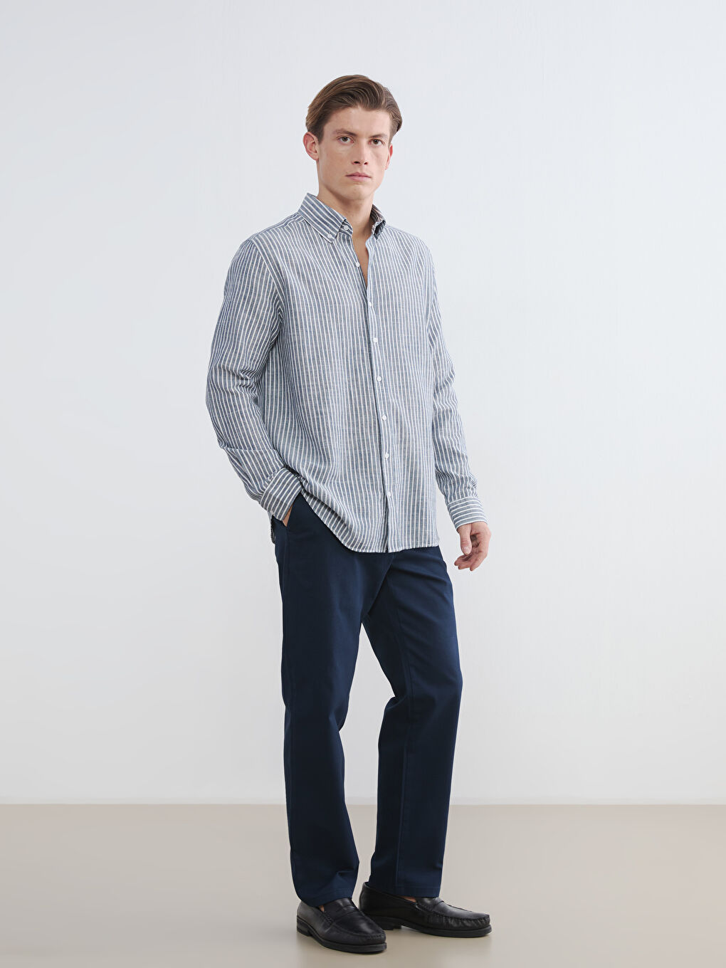 Lacivert Regular Fit Button Down Yaka Erkek Gömlek-2