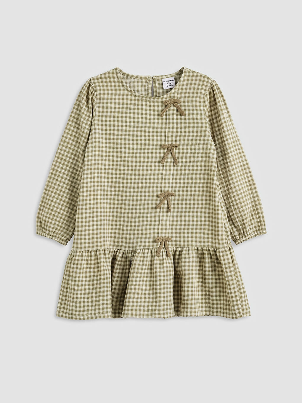 Yeşil Fiyonk Detaylı Kareli Kız Çocuk Elbise