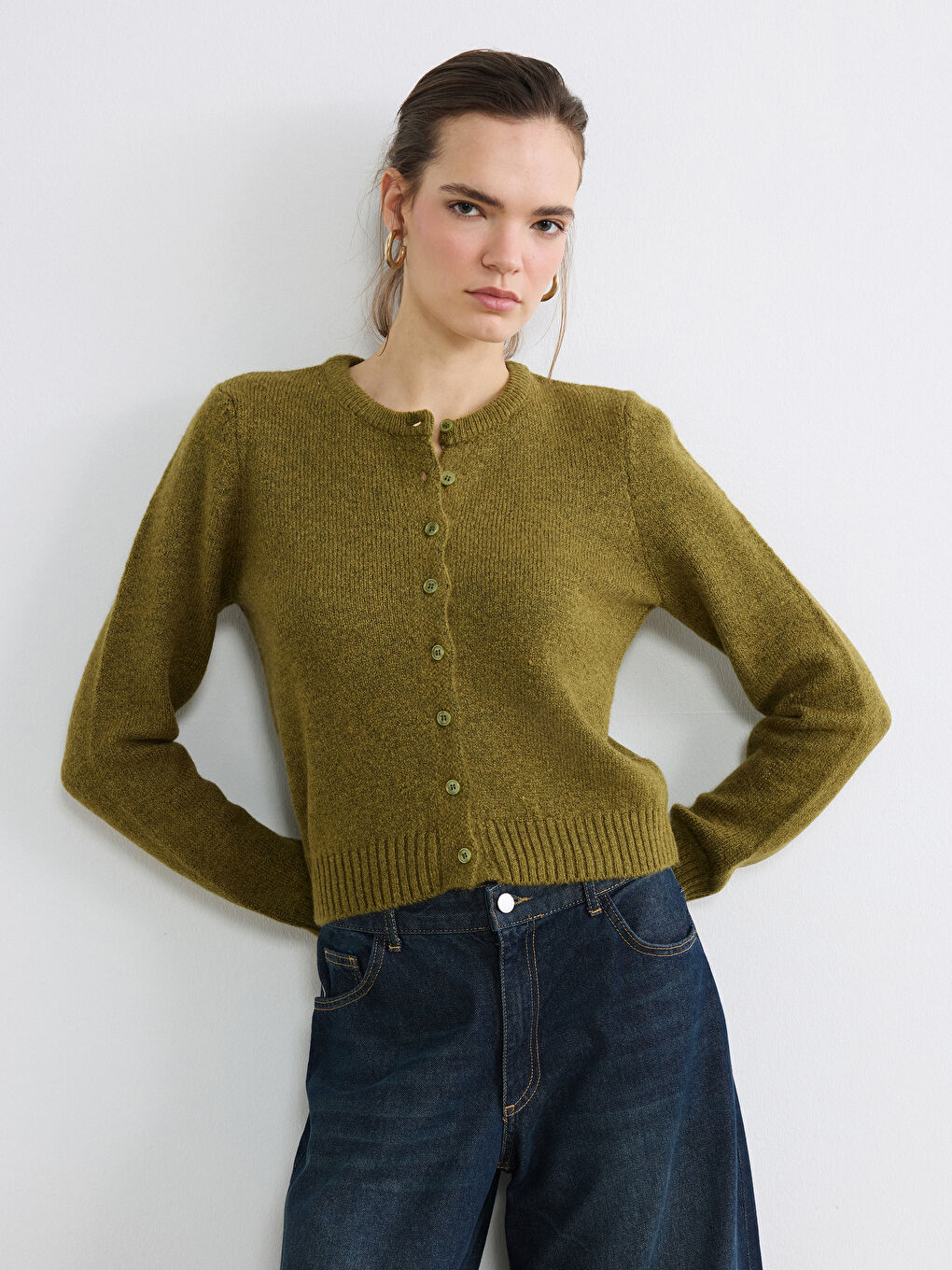 Yeşil Bisiklet Yaka Kadın Triko Hırka