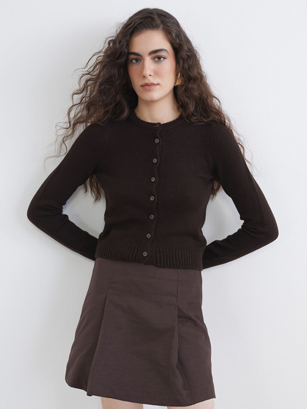 Kahverengi Bisiklet Yaka Kadın Triko Hırka