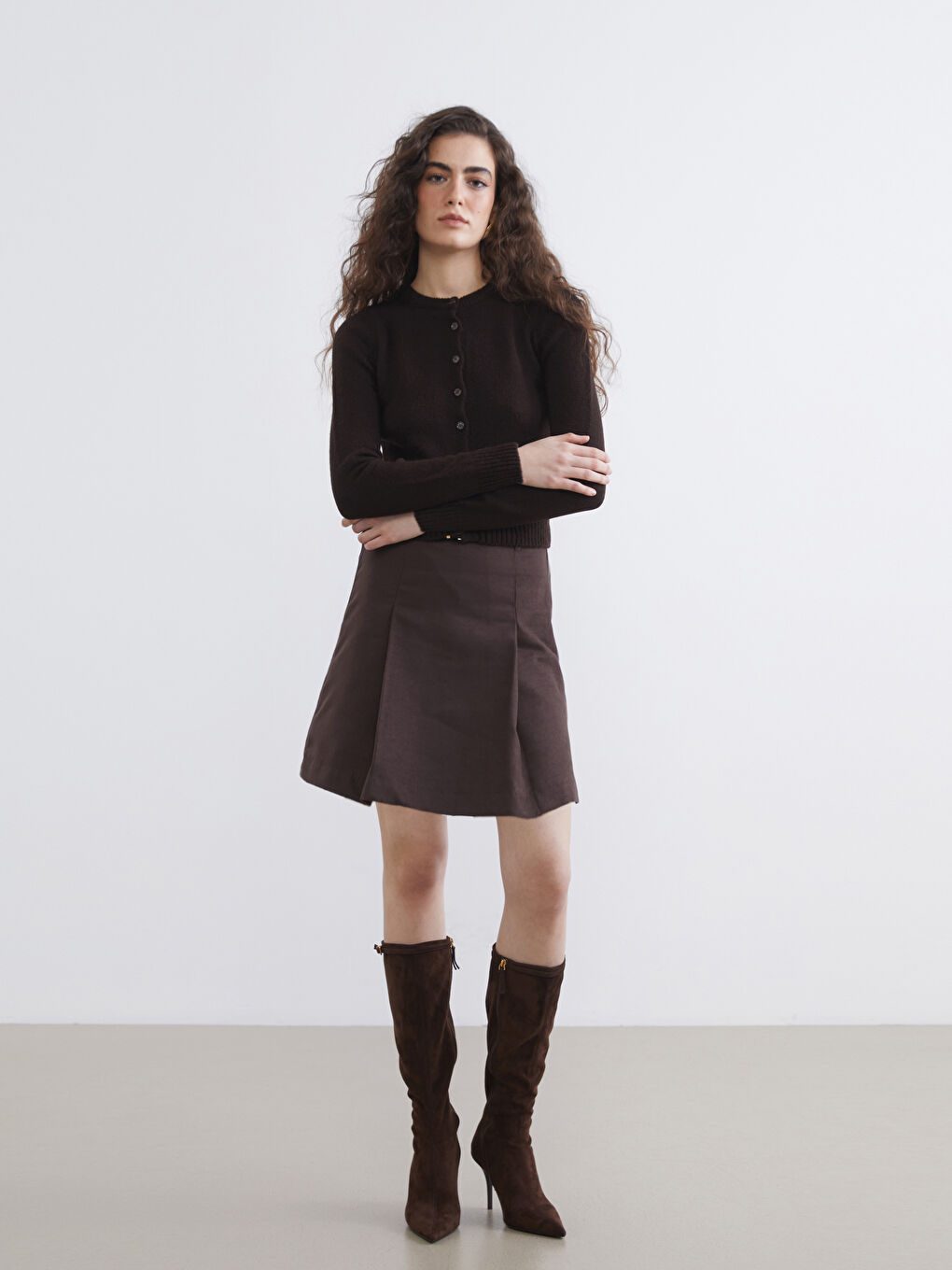 Kahverengi Bisiklet Yaka Kadın Triko Hırka-1