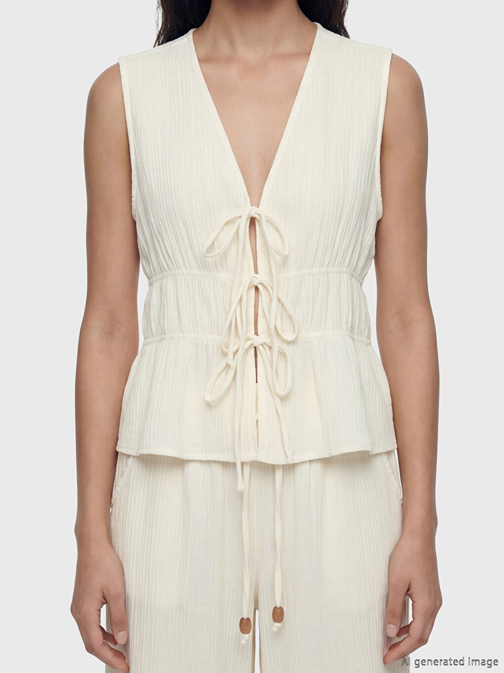 V Neck Tied Textured Blouse-2