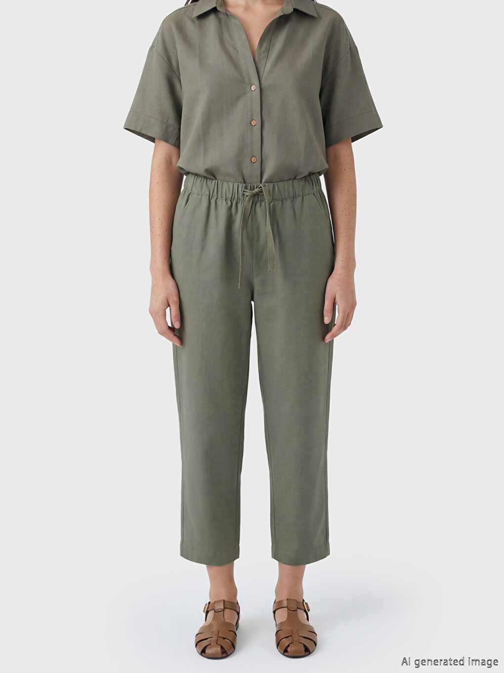 Pantalon Femme en Mélange de Lin à Taille Élastiquée-1