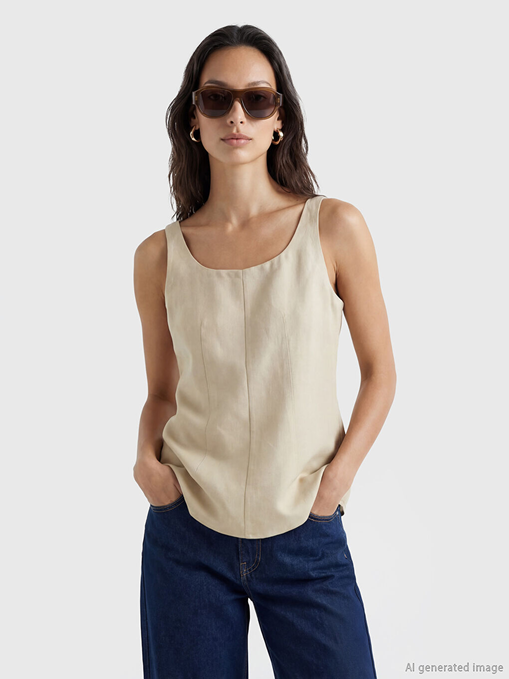 U Neck Linen Blend Blouse