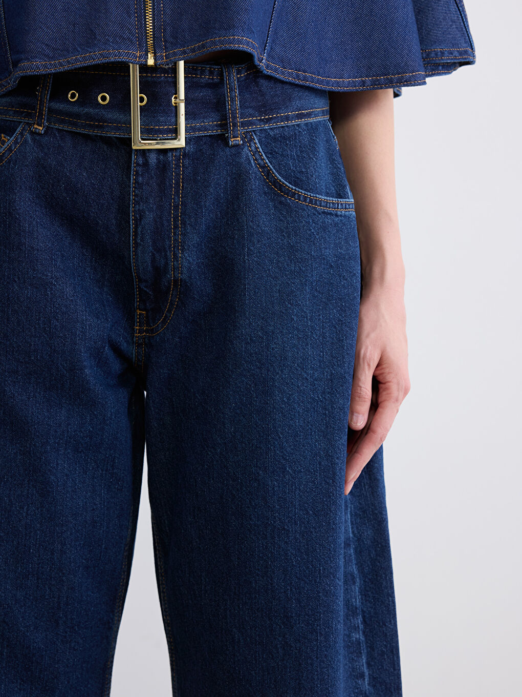 İndigo Beli Kemerli Baggy Fit Kadın Jean Pantolon-2