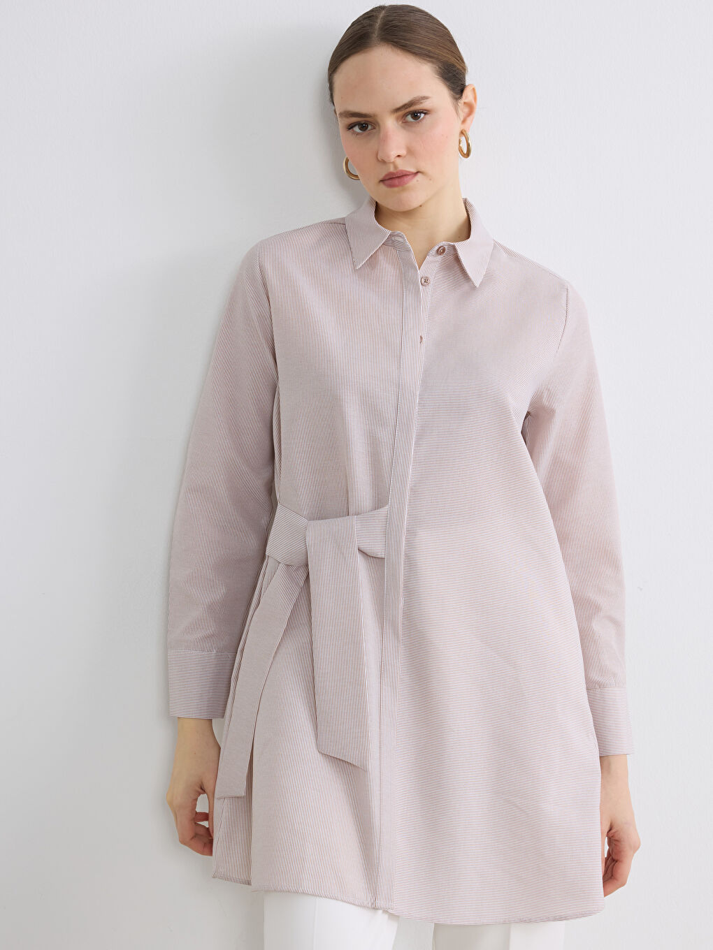 Bej Çizgili Kadın Gömlek Tunik