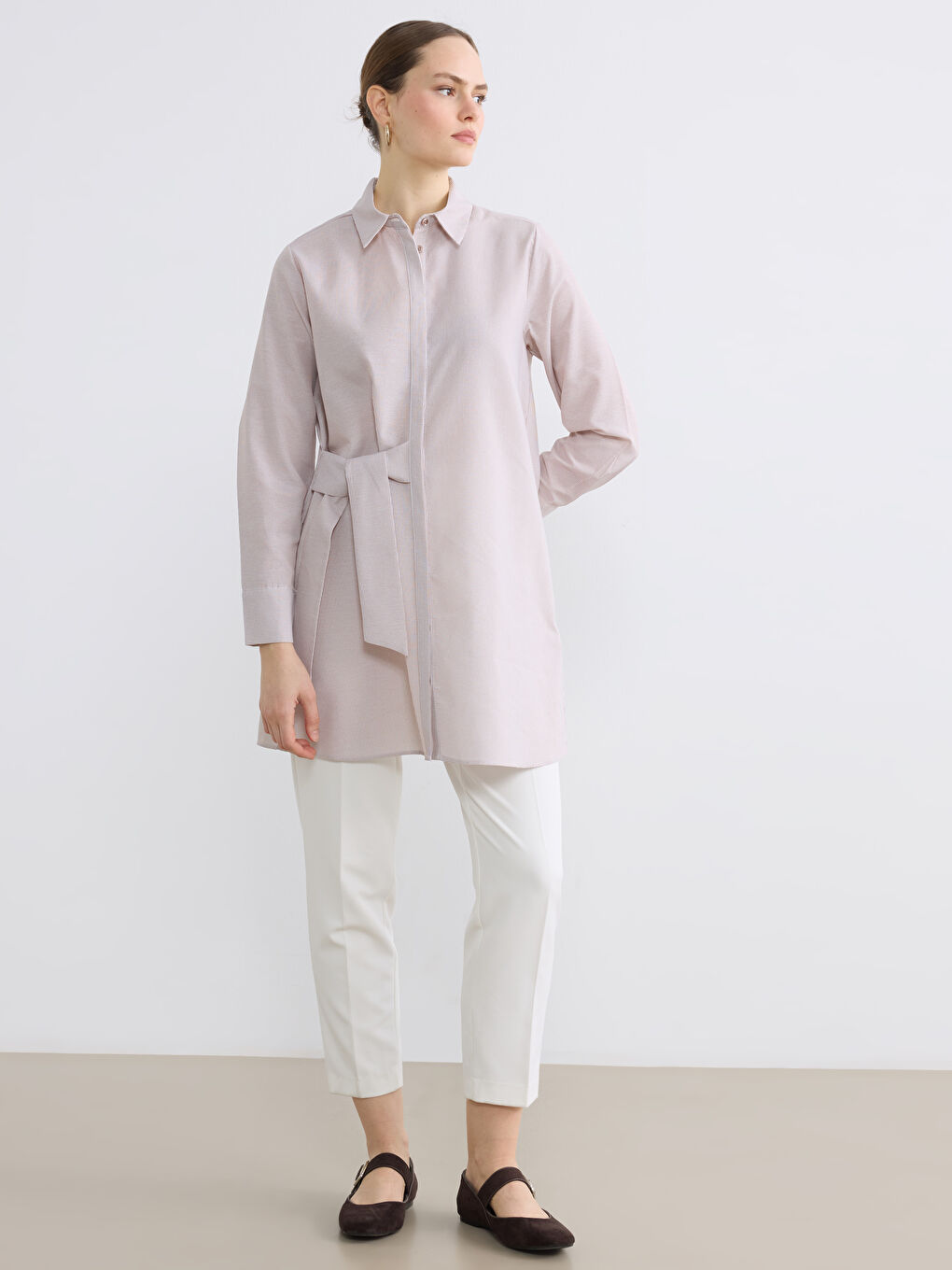 Bej Çizgili Kadın Gömlek Tunik-1