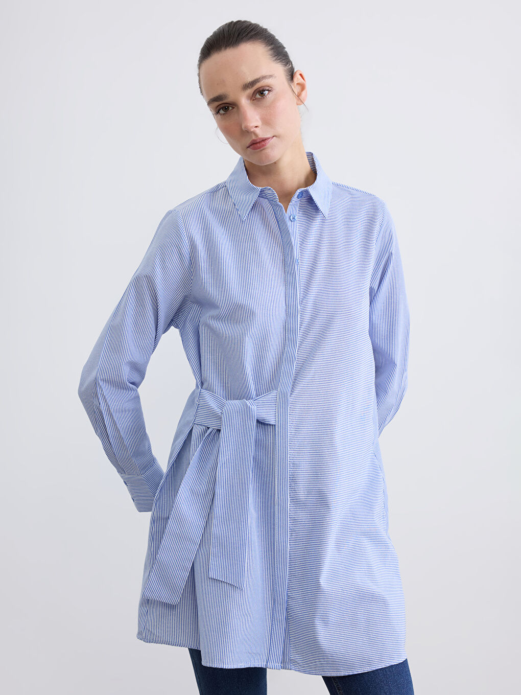 Mavi Çizgili Kadın Gömlek Tunik	