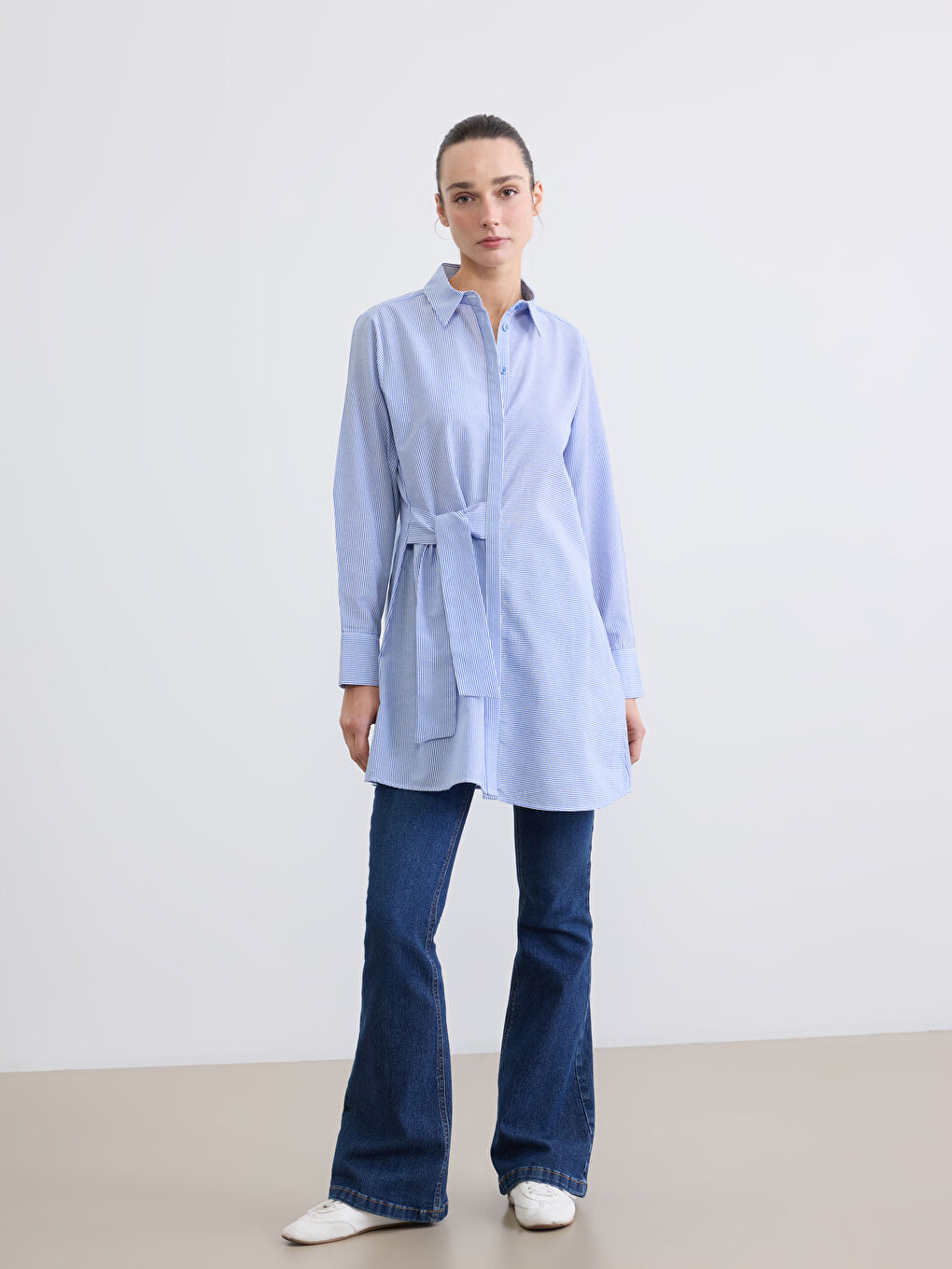 Mavi Çizgili Kadın Gömlek Tunik	-1