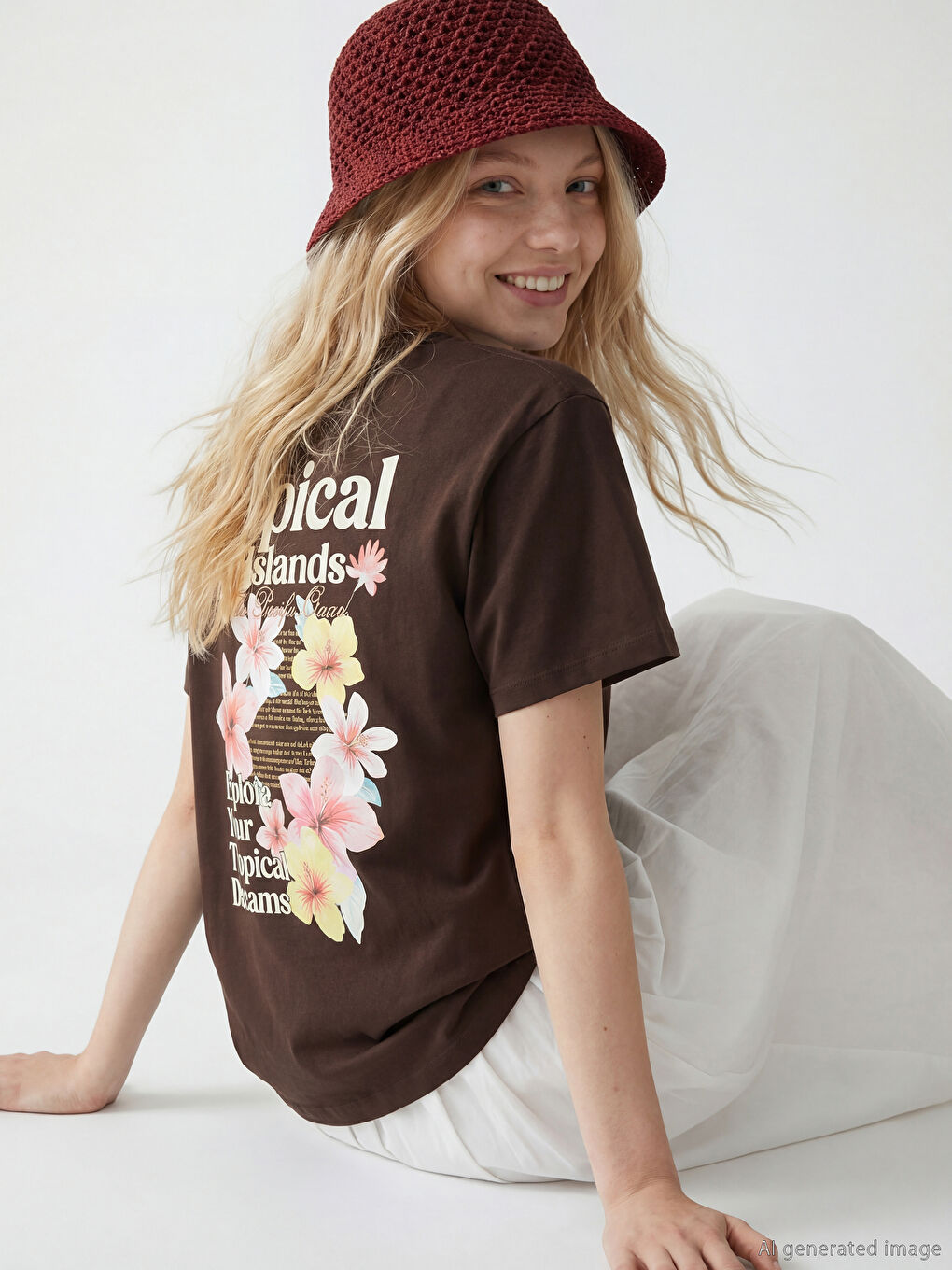 Kahverengi Bisiklet Yaka Baskılı Kadın Tişört