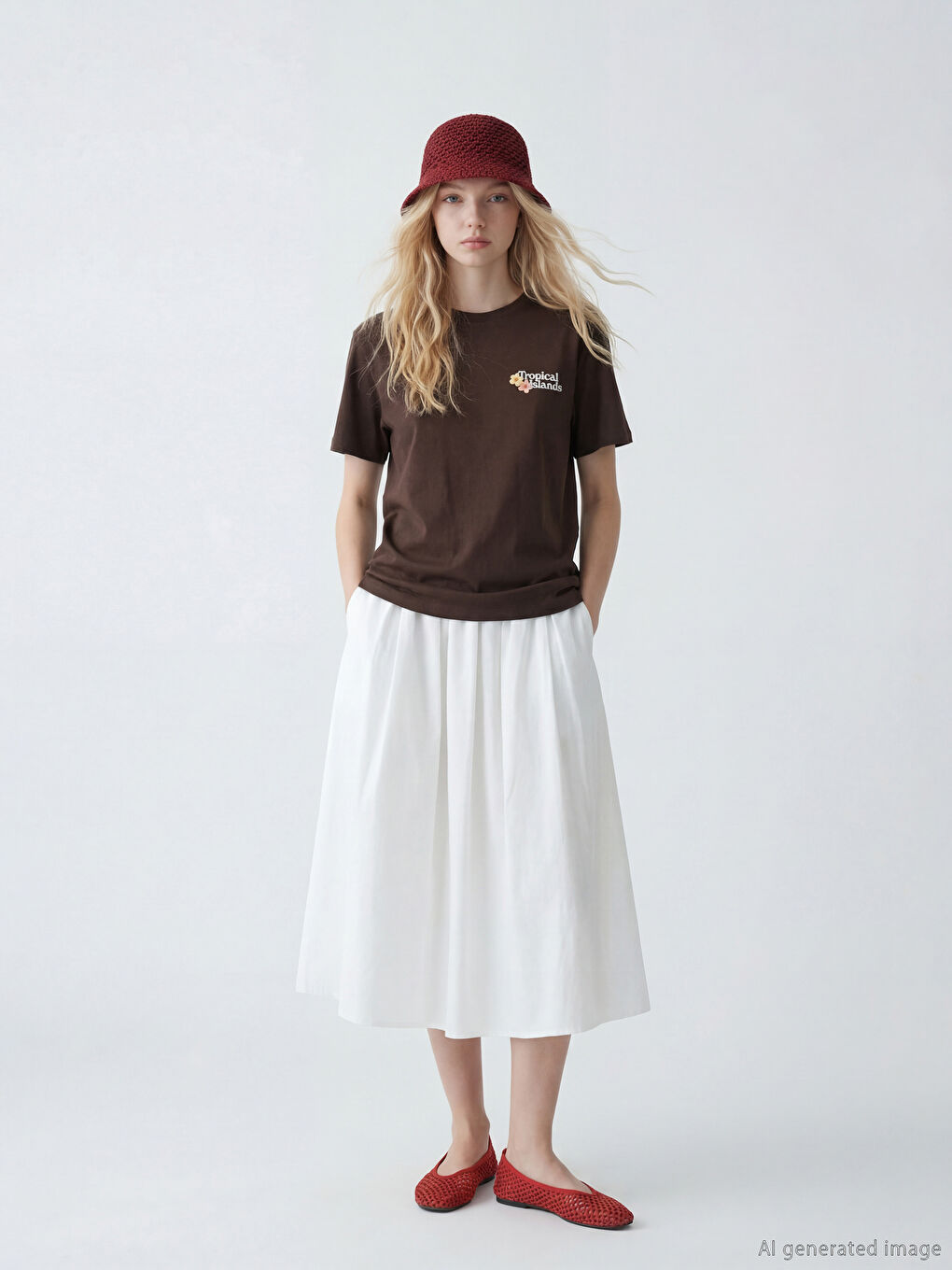 Kahverengi Bisiklet Yaka Baskılı Kadın Tişört-1