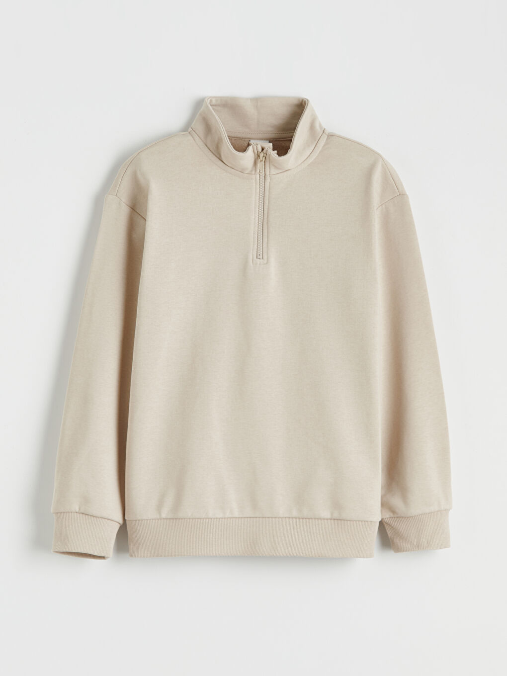 Bej Dik Yaka Yarım Fermuarlı Erkek Çocuk Sweatshirt