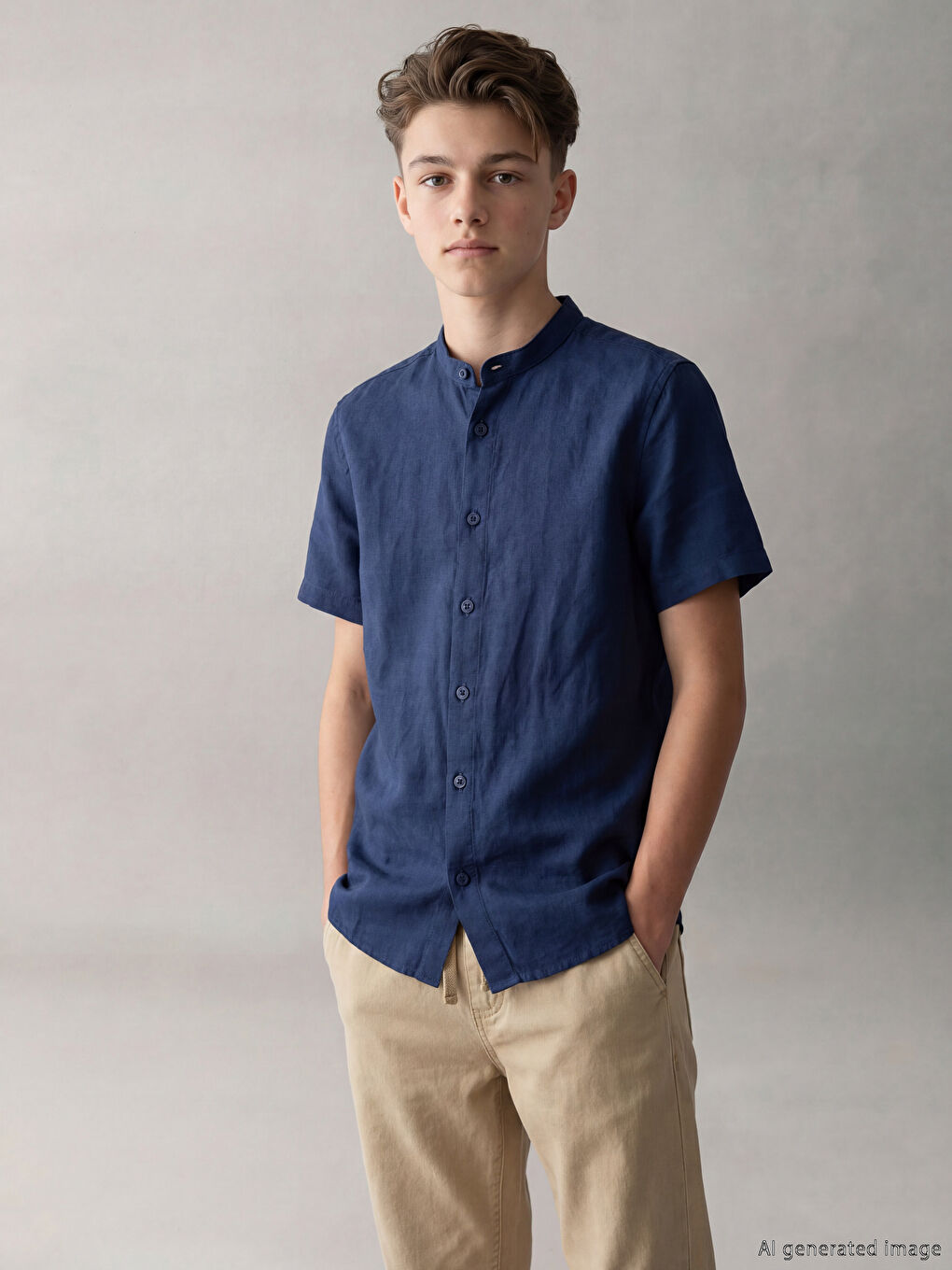 Band Collar Boys Poplin Shirt