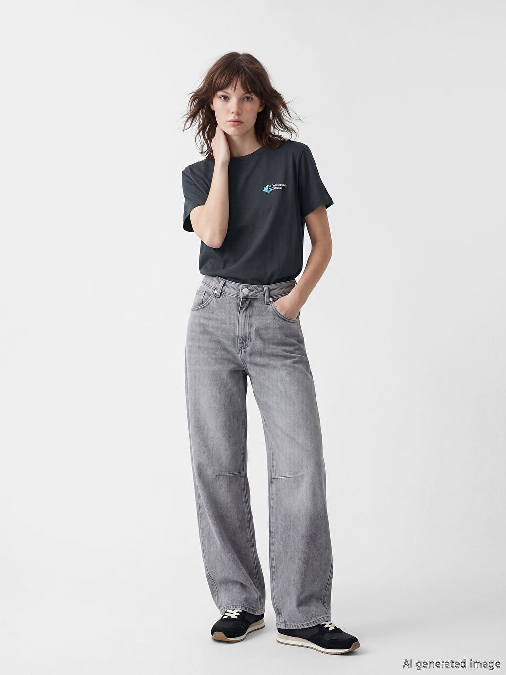 Antrasit Bisiklet Yaka Baskılı Kadın Tişört-1