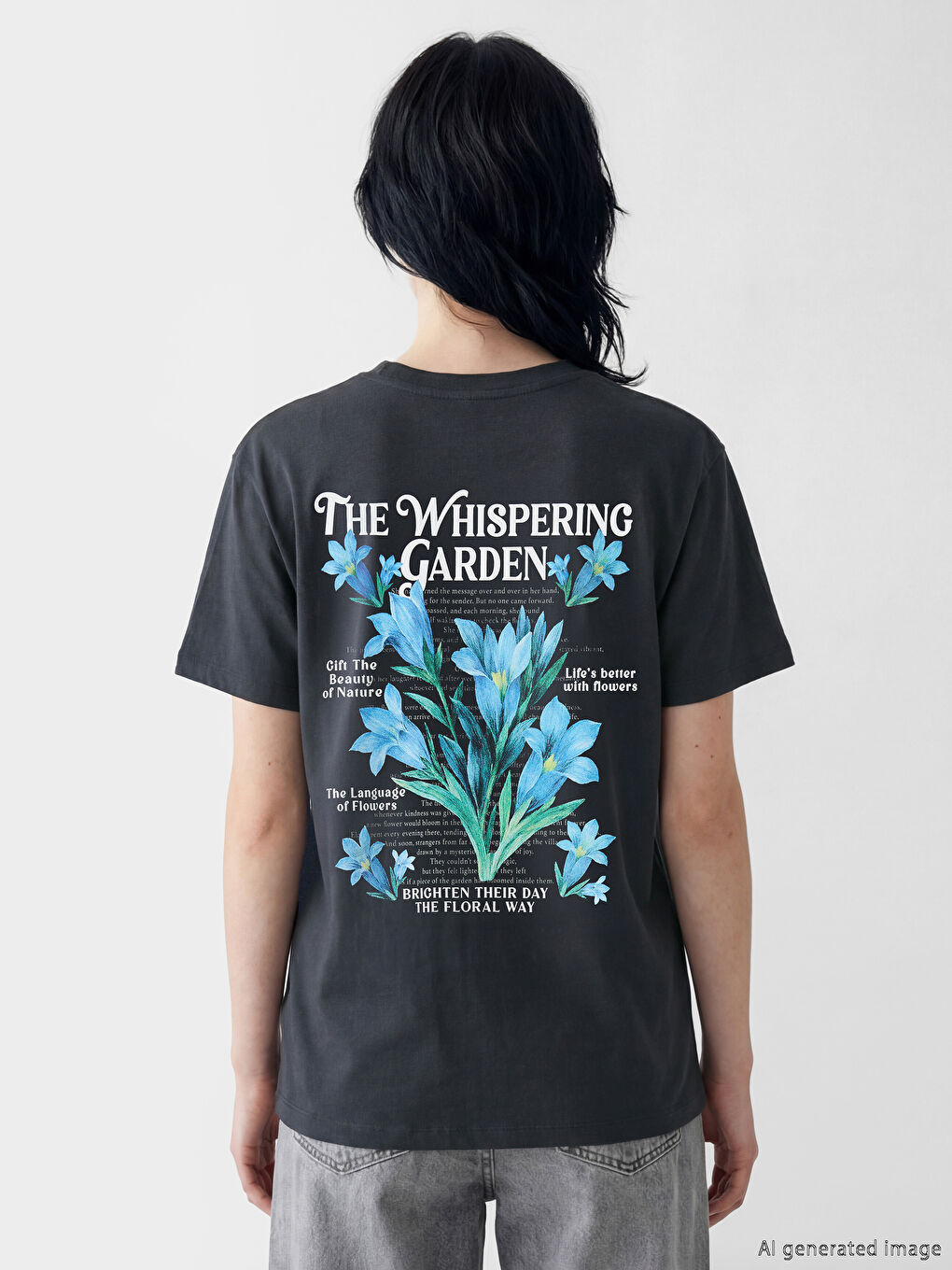 Antrasit Bisiklet Yaka Baskılı Kadın Tişört-2