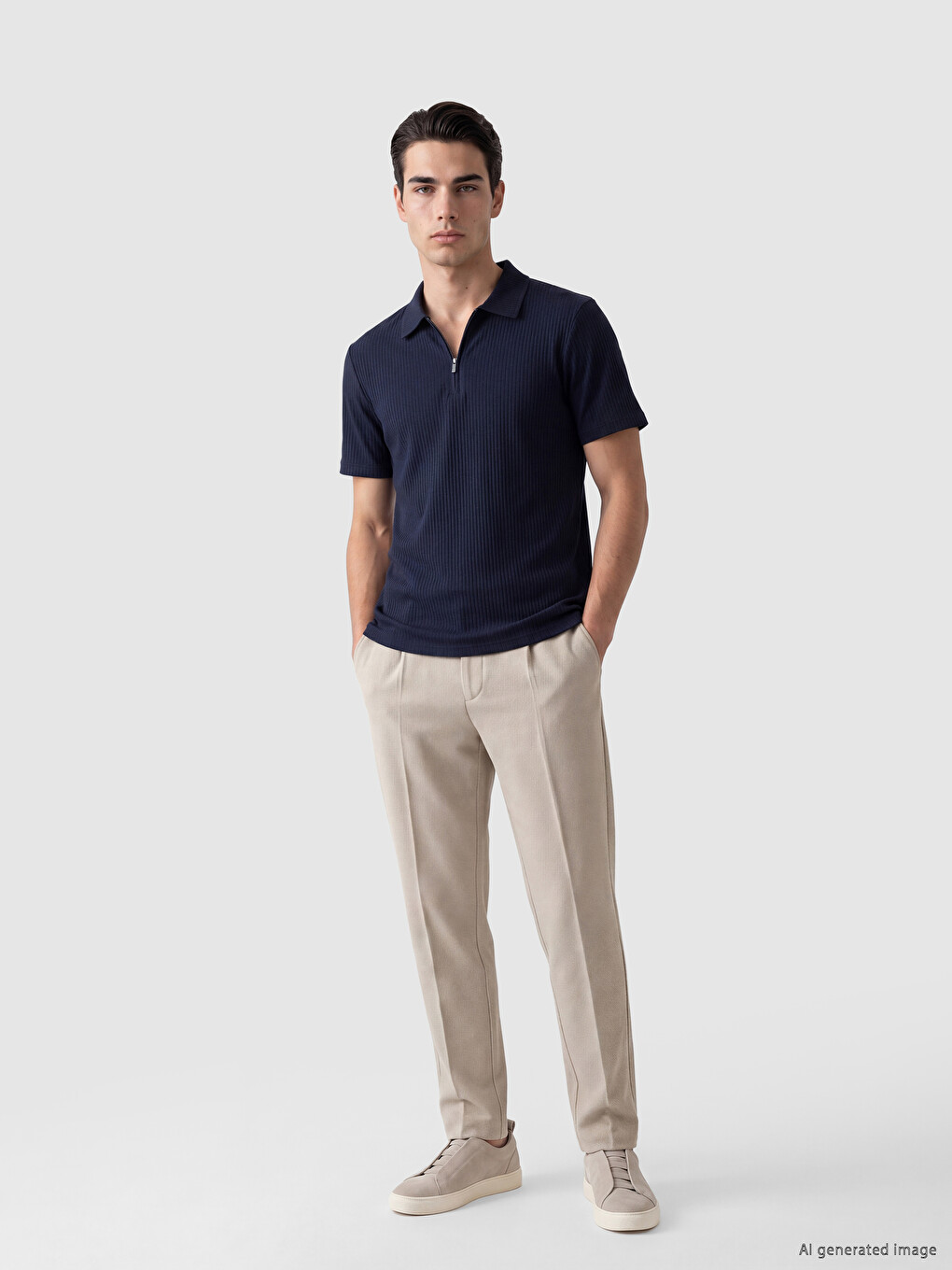 Lacivert Standart Fit Fermuarlı Polo Yaka Erkek Tişört-1